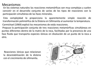 Mecanismos

En los sistemas naturales las reacciones metamórficas son muy complejas y suelen
consistir en el desarrollo conjunto de varios de los tipos de reacciones con la
participación simultánea de las fases minerales.

Esta complejidad lo proporciona la aparentemente simple reacción de
transformación polimórfica de la Distena en Sillimanita al aumentar la temperatura.
Carmichael (1969) explicó los mecanismos de estás reacciones.
Propuso la participación conjunta de tres reacciones metamórficas simultáneas en
puntos diferentes dentro de la matriz de la roca, facilitadas por la presencia de una
fase fluida que transporta especies iónicas en disolución de un punto de la roca a
otro.

Reacciones iónicas que relacionan
la desestabilización de la distena
con el crecimiento de sillimanita.

 