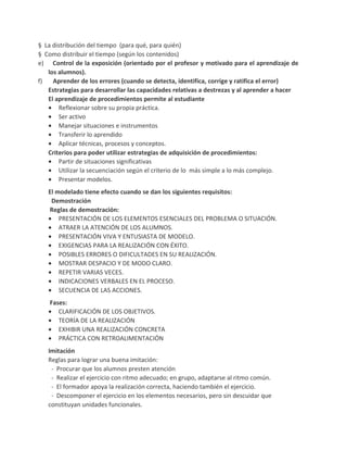 § La distribución del tiempo (para qué, para quién)
§ Como distribuir el tiempo (según los contenidos)
e) Control de la exposición (orientado por el profesor y motivado para el aprendizaje de
   los alumnos).
f)   Aprender de los errores (cuando se detecta, identifica, corrige y ratifica el error)
   Estrategias para desarrollar las capacidades relativas a destrezas y al aprender a hacer
   El aprendizaje de procedimientos permite al estudiante
   • Reflexionar sobre su propia práctica.
   • Ser activo
   • Manejar situaciones e instrumentos
   • Transferir lo aprendido
   • Aplicar técnicas, procesos y conceptos.
   Criterios para poder utilizar estrategias de adquisición de procedimientos:
   • Partir de situaciones significativas
   • Utilizar la secuenciación según el criterio de lo más simple a lo más complejo.
   • Presentar modelos.
   El modelado tiene efecto cuando se dan los siguientes requisitos:
    Demostración
   Reglas de demostración:
   • PRESENTACIÓN DE LOS ELEMENTOS ESENCIALES DEL PROBLEMA O SITUACIÓN.
   • ATRAER LA ATENCIÓN DE LOS ALUMNOS.
   • PRESENTACIÓN VIVA Y ENTUSIASTA DE MODELO.
   • EXIGENCIAS PARA LA REALIZACIÓN CON ÉXITO.
   • POSIBLES ERRORES O DIFICULTADES EN SU REALIZACIÓN.
   • MOSTRAR DESPACIO Y DE MODO CLARO.
   • REPETIR VARIAS VECES.
   • INDICACIONES VERBALES EN EL PROCESO.
   • SECUENCIA DE LAS ACCIONES.
   Fases:
   • CLARIFICACIÓN DE LOS OBJETIVOS.
   • TEORÍA DE LA REALIZACIÓN
   • EXHIBIR UNA REALIZACIÓN CONCRETA
   • PRÁCTICA CON RETROALIMENTACIÓN
   Imitación
   Reglas para lograr una buena imitación:
    - Procurar que los alumnos presten atención
    - Realizar el ejercicio con ritmo adecuado; en grupo, adaptarse al ritmo común.
    - El formador apoya la realización correcta, haciendo también el ejercicio.
    - Descomponer el ejercicio en los elementos necesarios, pero sin descuidar que
   constituyan unidades funcionales.
 