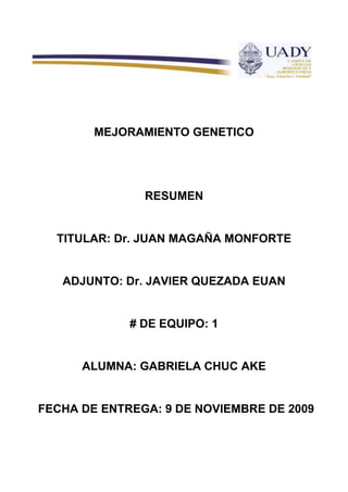 MEJORAMIENTO GENETICO<br />RESUMEN<br />TITULAR: Dr. JUAN MAGAÑA MONFORTE<br />ADJUNTO: Dr. JAVIER QUEZADA EUAN<br /># DE EQUIPO: 1<br />ALUMNA: GABRIELA CHUC AKE <br />  FECHA DE ENTREGA: 9 DE NOVIEMBRE DE 2009<br />En la feria Yucatán X’Matkuil se esta realizando la exposición ganadera que es una de las mas importantes no solo del sureste sino del país incluso nivel internacional.<br />Forman parte de esta exposición la Asociación de Criadores de Ganado Bovino de Registro y la Asociación de Criadores de Razas Puras de Yucatán.<br />La exhibición de los ejemplares forma parte dela XV feria internacional de ganadería tropical, en la que se exhiben  y comercializan ejemplares de las razas Brahaman, Indobrasil, Nelore, Brangus Rojo, Guzerata, Suizo, Simbra,Charolais y Sardo Negro, entre otros. En total se exhiben 600 ejemplares de 37 ganaderos de Yucatán.<br />El instituto organizador es el encargado de regular la actividad y condicionar el cumplimiento de  las normas sanitarias  y de calidad genética de los animales participantes. <br />En el primer dia de la feria se realizo la venta de un semental raza Braham  por la cantidad de $ 30000 a un ejidatario de maxcanu. <br />Se dio una nueva venta en este caso un ejemplar  de la raza Nelore este semental tiene 32 mese de edad y pesa 750 kg  y fue vendido en $50000 a un  ganadero de Belice.<br />En cuanto al ganado ovino se califican las razas Blackbelly, Dorper Blanco y Dorper Cabeza Negra.<br />