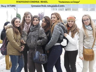 III MOVILIDAD COMENIUS. BRAKEL.                “Anotaciones a un bosque”
Día 23 OCTUBRE                Gymnasium Brede, visita guiada al centro.
 