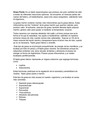 Grasa Parda: Es un tejido especial graso que produce una gran cantidad de calor
a través de diferentes reacciones químicas. Se encuentra en diversas partes del
cuerpo del bebé y, al metabolizarse, pasa a los vasos sanguíneos calentando todo
el organismo.
La grasa marrón contiene muchas más mitocondrias que la grasa blanca. Estas
mitocondrias son los "motores" de la grasa marrón que queman calorías para
producir calor. Al activarse, este tipo de grasa -también llamada tejido adiposo
marrón- genera calor para ayudar a mantener la temperatura corporal.
Todos nacemos con reservas alrededor del cuello y el torso porque esa es la
forma en la que la naturaleza nos ayuda a mantenernos calientes en nuestros
primeros meses de vida, cuando somos más vulnerables. Supone un 5% de la
masa corporal del recién nacido y desaparece hacia el tercer mes de vida, cuando
ya no es necesaria. Tejido graso blanco o amarillo.
Este tipo de grasa es el principal compartimento de energía de los mamíferos y se
localiza por todo el cuerpo y el tejido graso visceral. Se caracteriza porque los
adipocitos contienen una única vacuola de lípidos y almacena el exceso de
energía en forma de triglicéridos. Poseen pocas mitocondrias y un núcleo
localizado periféricamente.
El tejido graso blanco representa un órgano endocrino que segrega hormonas
como:
 Leptina.
 Adiponectina.
Estas hormonas participan en la regulación de la saciedad y sensibilidad a la
insulina. Tejido graso pardo o marrón.
Este tipo de grasa es más escaso en nuestro organismo y se localiza en zonas
más concretas:
 Depósito graso interescapular
 Supraclavicular
 Suprarrenal
 Pericardial
 Para-aórticos
 Alrededor del páncreas
 Riñones
 Tráquea
 