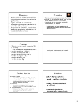3
El cerebro
• Parte superior del encéfalo, compuesto por
los hemisferios cerebrales y las estructuras
que los unen.
• Órgano central de las percepciones
sensoriales, del pensamiento y de todos los
contenidos de la conciencia.
• Responsable de la memoria, el aprendizaje,
la visión, el pensamiento, la conciencia y el
resto de facultades mentales.
El cerebro
• Estructura más compleja conocida en el universo.
• Más de 100 mil millones de células, cada una con
hasta 50,000 conexiones a otras células.
• Recibe más de 100 millones de señales del
cuerpo humano por segundo.
Si aprendiéramos algo nuevo cada segundo, nos
llevaría tres millones de años para agotar la capacidad
del cerebro humano.
El cerebro
• El cerebro humano adulto pesa entre 1300
g. y 1400 g.
– El de un bebé recién nacido entre 350 y 400 g.
• Cerebro de elefante = 6,000 g.
Cerebro de chimpancé = 420 g.
Cerebro de mono Rhesus = 95 g.
Cerebro de un perro = 72 g.
Cerebro de gato = 30 g.
Cerebro de rata = 2 g.
Principales Subsistemas del Cerebro
Cerebro: 3 partes
• Corteza Cerebral
– responsable de la capacidad de analizar, interpretar,
y almacenar, la información que permite tener la
percepción de lo que sucede a nuestro alrededor.
– Es la estructura donde se realizan las funciones
cerebrales superiores del individuo.
• Diencéfalo
– Contiene estructuras que se relacionan con las
respuestas emocionales, el aprendizaje y la memoria
• Tronco Encefálico
– Contiene centros reflejos esenciales para la vida:
controlan la actividad respiratoria, cardiaca y
vasomotora
3 cerebros
• en la historia evolutiva:
–cerebro reptiliano (reptiles),
–cerebro límbico (mamíferos
primitivos)
–neocórtex (mamíferos
evolucionados o superiores).
 