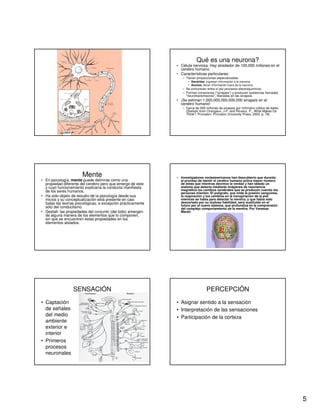 5
Qué es una neurona?
• Célula nerviosa. Hay alrededor de 100,000 millones en el
cerebro humano.
• Características particulares:
– Tienen proyecciones especializadas:
• Dendritas: ingresan información a la neurona
• Axones: llevan información fuera de la neurona
– Se comunican entre sí por procesos electroquímicos.
– Forman conexiones ("sinapsis“) y producen sustancias llamadas
"neurotransmisores", liberadas en las sinapsis.
• ¡Se estiman 1,000,000,000,000,000 sinapsis en el
cerebro humano!
– Cerca de 500 millones de sinapsis por milímetro cúbico de tejido.
(Statistic from Changeux, J-P. and Ricoeur, P., What Makes Us
Think?, Princeton: Princeton University Press, 2000, p. 78)
Mente
• En psicología, mente puede definirse como una
propiedad diferente del cerebro pero que emerge de este
y cuyo funcionamiento explicaría la conducta manifiesta
de los seres humanos.
• Ha sido objeto de estudio de la psicología desde sus
inicios y su conceptualización está presente en casi
todas las teorías psicológicas, a excepción prácticamente
sólo del conductismo.
• Gestalt: las propiedades del conjunto (del todo) emergen
de alguna manera de los elementos que lo componen,
sin que se encuentren estas propiedades en los
elementos aislados.
• Investigadores norteamericanos han descubierto que durante
el proceso de mentir el cerebro humano activa mayor número
de áreas que mientras decimos la verdad y han ideado un
sistema que detecta mediante imágenes de resonancia
magnética los cambios cerebrales que se producen cuando las
personas mienten. El polígrafo, que mide la presión sanguínea,
la respiración y los cambios en la transpiración de la piel
mientras se habla para detectar la mentira, y que había sido
descartado por su dudosa fiabilidad, será sustituido en el
futuro por el nuevo sistema, que profundiza en la comprensión
del complejo comportamiento de la mentira. Por Vanessa
Marsh.
SENSACIÓN
• Captación
de señales
del medio
ambiente
exterior e
interior
• Primeros
procesos
neuronales
PERCEPCIÓN
• Asignar sentido a la sensación
• Interpretación de las sensaciones
• Participación de la corteza
 