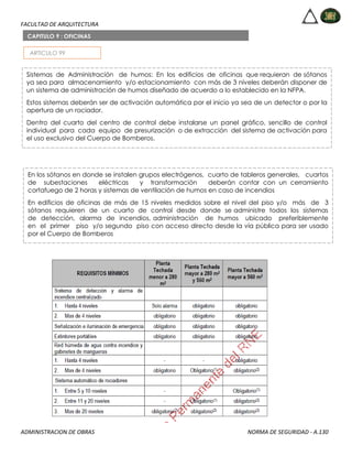 FACULTAD DE ARQUITECTURA
ADMINISTRACION DE OBRAS NORMA DE SEGURIDAD - A.130
ARTICULO 99
CAPITULO 9 : OFICINAS
Sistemas de Administración de humos: En los edificios de oficinas que requieran de sótanos
ya sea para almacenamiento y/o estacionamiento con más de 3 niveles deberán disponer de
un sistema de administración de humos diseñado de acuerdo a lo establecido en la NFPA.
Estos sistemas deberán ser de activación automática por el inicio ya sea de un detector o por la
apertura de un rociador.
Dentro del cuarto del centro de control debe instalarse un panel gráfico, sencillo de control
individual para cada equipo de presurización o de extracción del sistema de activación para
el uso exclusivo del Cuerpo de Bomberos.
En los sótanos en donde se instalen grupos electrógenos, cuarto de tableros generales, cuartos
de subestaciones eléctricas y transformación deberán contar con un cerramiento
cortafuego de 2 horas y sistemas de ventilación de humos en caso de incendios
En edificios de oficinas de más de 15 niveles medidos sobre el nivel del piso y/o más de 3
sótanos requieren de un cuarto de control desde donde se administre todos los sistemas
de detección, alarma de incendios, administración de humos ubicado preferiblemente
en el primer piso y/o segundo piso con acceso directo desde la vía pública para ser usado
por el Cuerpo de Bomberos
 