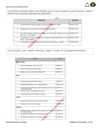 FACULTAD DE ARQUITECTURA
ADMINISTRACION DE OBRAS NORMA DE SEGURIDAD - A.130
Las tuberías enterradas deben estar listadas para su uso en sistemas contra incendios y deben
satisfacer los siguientes estándares de fabricación.
Los accesorios para tuberías enterradas deben cumplir con los siguientes estándares:
 