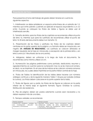 Presentación del Tomo
Para presentar el tomo del trabajo de grado deben tenerse en cuenta los
siguientes aspectos:
1-. Interlineado: se debe establecer un espacio entre líneas de un párrafo de 1.5,
mientras que entre párrafo y párrafo se aplicará el espacio equivalente a un (1)
enter. Cuando se coloquen los títulos de tablas y figuras se debe usar el
interlineado sencillo.
2-. Tamaño de letra: para los títulos de los capítulos se recomienda utilizar el punto
de letra 16, mientras que para los subtítulos de recomienda utilizar el punto de
letra 14. El resto del documento debe ir en tamaño 12.
3-. Presentación de los títulos y subtítulos: los títulos de los capítulos deben
centrarse en la parte superior de la página y su formato debe ser mayúscula y en
negrita (VI. ANÁLISIS DE RESULTADOS). Los subtítulos se colocan alineados al
margen izquierdo de la hoja en minúsculas, a excepción de la primera letra, y en
letra cursiva (6.1 Resultados de las encuestas).
4-. Márgenes: deben ser uniformes a lo largo de todo el documento. Se
recomienda como mínimo utilizar 2.5 cm.
5-. Numeración: las páginas preliminares como portada, dedicatoria, resumen y
agradecimientos se cuentan para la numeración mas no se les marca el número,
es decir, no se imprimen. En el caso de los índices se les colocan números romanos
en minúsculas, los cuales debe imprimirse en la parte inferior central de la hoja.
6-. Títulos de Tablas: la identificación de las tablas debe hacerse con números
arábigos continuos y de la siguiente manera: Tabla 7. Grupos por edades (nótese
la cursiva). Los títulos deben colocarse en la parte superior de la tabla.
7-. Títulos de figuras: por su parte, los títulos de las figuras se colocan en la parte
inferior de la misma bajo el siguiente formato: Figura 7(nótese la cursiva).
Distribución de residencia.
8-. Pies de página: deben ser usados solamente cuando sean necesarios y no
deben expresar más de una idea.
9-. Tiempos verbales: se recomienda
Tiempo presente Tiempo pasado
Introducción, problema, variables, tipo
de investigación, discusión de
resultados y conclusiones
Resumen, marco teórico, marco conceptual, marco
referencial, análisis de dato, presentación de
resultados, diseño de investigación, diseño muestral,
instrumentos, procedimiento