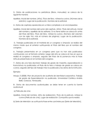 3-. Datos de publicaciones no periódicas (libros, manuales): se coloca de la
siguiente manera
Apellido, Inicial del nombre. (Año). Título del libro, nótese la cursiva. (Número de la
edición). Lugar de la publicación. Nombre de la editorial.
4-. Datos de capítulos aparecidos en un libro compilado o en enciclopedias:
Apellido, Inicial del nombre del autor del capítulo. (Año). Título del artículo. Inicial
del nombre y apellido de los editores. Si no tiene editor se coloca En antes
del título del libro. Título del libro, nótese la cursiva. (Número del volumen
con las sigla Vol. más el número de páginas). Lugar de la publicación.
Nombre de la editorial.
5-. Trabajos publicados en el material de un congreso o simposio: se realiza del
mismo modo que el anterior sustituyendo el título del libro por el nombre del
congreso.
6-. Trabajos presentados en un congreso pero que no han sido publicados:
continuando con el formato anterior, luego del año se coloca el mes en que se
realizó el congreso o simposio, seguido del título de la ponencia más la frase
Artículo presentado en el nombre del congreso.
7-. Datos de una tesis doctoral, trabajo de grado de maestría, especialización o
licenciatura no publicados: el título de la tesis o trabajo de grado se coloca en
cursiva, seguido del tipo de trabajo más no publicado y los datos de la institución.
Ejemplo:
Araujo, E (2008). Plan de proyecto de auditoría de identidad corporativa. Trabajo
de grado de Especialización no publicado. Universidad Católica Andrés
Bello, Caracas, Venezuela.
8-. Datos de documentos audiovisuales: se debe tener en cuenta la fuente
audiovisual
a) Películas de cine:
Apellido, Inicial del nombre. (Año de realización). Título de la película, nótese la
cursiva [Película de cine]. Lugar de realización. Compañía que la realizó.
b) Serie de televisión: se sustituye la frase entre corchetes por [Serie de televisión].
 