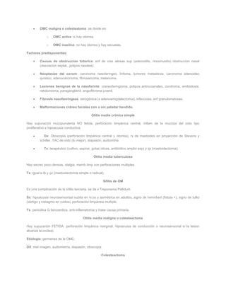 OMC maligna o colesteatoma: se divide en:

              o   OMC activa: si hay otorrea

              o   OMC inactiva: no hay otorrea y hay secuelas.

Factores predisponentes:

         Causas de obstruccion tubarica: enf de vías aéreas sup (adenoidits, rinosinusitis) obstruccion nasal
         (dseviacion septal,, polipos nasales).

         Neoplasias del cavum: carcinoma nasofaríngeo, linfoma, tumores metasticos, carcinoma adenoideo
         quístico, adenocarcinoma, fibrosarcoma, melanoma.

         Lesiones benignas de la nasofarinte: craneofaringioma, polipos antrocoanales, condroma, amiloidosis,
         rabdomioma, paraganglienil, angiofibroma juvenil.

         Fibrosis nasofanringeas: iatrogénica (x adenoamigdalectomia), infecciosa, enf granulomatosas.

         Malformaciones cráneo faciales con o sin paladar hendido.

                                             Otitis media crónica simple

Hay supuración mucopurulenta NO fetida, perforación timpánica central, inflam de la mucosa del oído tipo
proliferativo e hipoacusia conductiva.

           Dx: Otoscopia (perforación timpánica central y otorrea), rx de mastoides en proyección de Stevens y
         schiller, TAC de oído (lo mejor), diapasón, audiomtria.

            Tx: terapéutico (cultivo, aspirar, gotas oticas, antibiótico amplio esp) y qx (mastoidectomia).

                                               Otitis media tuberculosa

Hay secrec poco densas, otalgia, memb timp con perforaciones multiples.

Tx: igual a tb y qx (mastoidectomia simple o radical).

                                                     Sífilis de OM

Es una complicación de la sífilis terciaria, se da x Treponema Pallidum

Sx: hipoacusia neurosensoriasl subita en ni;os y asimétrica en adultos, signo de hennrbert (fistula +), signo de tullio
(vértigo y nistagmo en ruidos), perforación timpánica multiple,

Tx: penicilina G benzanitica, anti-inflamatorios y tratar causa primaria

                                        Otitis media maligna o colesteactoma

Hay supuración FETIDA, perforación timpánica marginal, hipoacusia de conducción o neurosensorial si la lesion
alcanza la coclea).

Etiología: germenes de la OMC.

DX: met imagen, audiometría, diapasón, otoscopia.

                                                    Colesteactoma
 