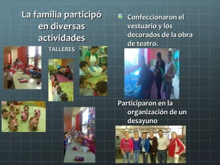 La familia participó     Confeccionaron el
    en diversas          vestuario y los
                         decorados de la obra
    actividades          de teatro.
      TALLERES




                       Participaron en la
                          organización de un
                          desayuno
 