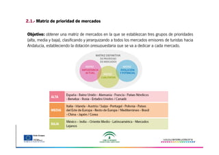 2.1.- Matriz de prioridad de mercados
Objetivo: obtener una matriz de mercados en la que se establezcan tres grupos de prioridades
(alta, media y baja), clasificando y jerarquizando a todos los mercados emisores de turistas hacia
Andalucía, estableciendo la dotación presupuestaria que se va a dedicar a cada mercado.

 