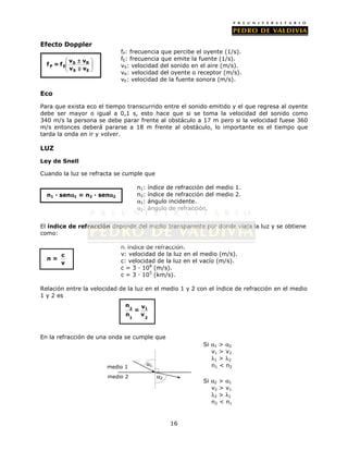 Efecto Doppler
                                fP: frecuencia que percibe el oyente (1/s).
            v ± vR            fE: frecuencia que emite la fuente (1/s).
  f P = f E S                 vS: velocidad del sonido en el aire (m/s).
            v S vE            vR: velocidad del oyente o receptor (m/s).
                                vE: velocidad de la fuente sonora (m/s).

Eco

Para que exista eco el tiempo transcurrido entre el sonido emitido y el que regresa al oyente
debe ser mayor o igual a 0,1 s, esto hace que si se toma la velocidad del sonido como
340 m/s la persona se debe parar frente al obstáculo a 17 m pero si la velocidad fuese 360
m/s entonces deberá pararse a 18 m frente al obstáculo, lo importante es el tiempo que
tarda la onda en ir y volver.

LUZ

Ley de Snell

Cuando la luz se refracta se cumple que

                                         n1:   índice de refracción del medio 1.
  n1   senα1 = n2
          α             senα2
                           α             n2:   índice de refracción del medio 2.
                                         α1:   ángulo incidente.
                                         α2:   ángulo de refracción.


El índice de refracción depende del medio transparente por donde viaja la luz y se obtiene
como:

                                n: índice de refracción.
     c                          v: velocidad de la luz en el medio (m/s).
  n=                            c: velocidad de la luz en el vacío (m/s).
     v
                                c = 3 108 (m/s).
                                c = 3 105 (km/s).

Relación entre la velocidad de la luz en el medio 1 y 2 con el índice de refracción en el medio
1 y 2 es
                                 n           v1
                                     2   =
                                 n1          v2



En la refracción de una onda se cumple que
                                                                  Si α1 > α2
                                                                     v1 > v2
                                                                     λ1 > λ2
                          medio 1
                                               α1                    n1 < n2
                          medio 2                   α2
                                                                  Si α2 > α1
                                                                     v2 > v1
                                                                     λ2 > λ1
                                                                     n2 < n1


                                                         16
 