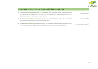 16
Participación ciudadana y responsabilidad compartida
6. Incorporar el movimiento asociativo y el voluntariado en la comunidad para el cuidado a personas
en situación de cronicidad tanto en domicilio como en hospitales, favoreciendo el acompañamiento,
paliando la soledad y facilitando el respiro familiar.
> Inicio en 2017
7. Evaluar la Calidad de Vida relacionada con la salud, las necesidades y expectativas de una población
concreta para poder adaptar las intervenciones en salud.
> Inicio en 2016
8. Programar acciones formativas a profesionales, en competencias y habilidades de comunicación,
intervenciones eficaces de participación ciudadana y empoderamiento de la ciudadanía.
> Primer trimestre de 2017
 