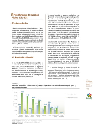 9.Plan 
plurianual 
de Inversión 
Pública 
2013-2017 
113 
9. Plan Plurianual de Inversión 
Pública 2013-2017 
9.1. Antecedentes 
El Plan Plurianual de Inversión Pública (PPIP) 
comprende los programas y proyectos progra-mados 
por las entidades del Estado, para su eje-cución 
durante los siguientes cuatro años y cuyo 
financiamiento está incluido en el Presupuesto 
General del Estado (PGE). Estas inversiones se en-cuentran 
alineadas con los objetivos de la planifi-cación 
y son consistentes con los planes anuales 
(Gómez y Martínez, 2008). 
La Constitución en su artículo 294, determina que 
la Función Ejecutiva elaborará cada año la profor-ma 
presupuestaria anual y la programación pre-supuestaria 
cuatrianual. 
9.2. Resultados obtenidos 
En el periodo 2008-2012, la inversión pública se 
orientó principalmente a infraestructura y desa-rrollo 
social, con resultados visibles. En el período 
2013-2017, la inversión se destinará especialmen-te 
a la transformación de la matriz productiva y 
energética y el desarrollo del capital humano, sin 
desatender el plano social con los costos para al-canzar 
el Buen Vivir (Gráfico 9.1.). 
La mayor inversión en sectores productivos y en 
desarrollo de talento humano generará capacida-des 
en la economía nacional para producir e inno-var 
de manera renovada. Puntualmente, la inver-sión53 
del sector público no financiero en términos 
nominales crece de USD 40 514 millones en el pe-riodo 
2008-2012, a una inversión proyectada de 
USD 73 225 millones para el periodo 2013-2017. 
Esto representa, en términos de la economía, una 
variación del 11,5% al 14,4% del PIB. La inversión 
destinada al Estado central se duplica, pasando de 
USD 24 330 millones, entre 2008 a 2012, a USD 47 
612 millones entre 2013 y 2017 (Gráfico 9.2.). 
En la Tabla 9.1. se encuentra el Plan Plurianual de 
Inversión a nivel de gabinete sectorial. En el acu-mulado 
plurianual, el sector con mayores recursos 
programados es el de producción, empleo y com-petitividad, 
con un total de USD 12 980 millones, 
con lo cual se vislumbra la decisión del Gobierno 
para el periodo 2013-2017 de afianzar el cambio 
de matriz productiva y consolidar la nueva matriz 
energética, aspecto que queda reflejado en el se-gundo 
sector con mayores recursos proyectados 
(sectores estratégicos), con cerca de USD 12 203 
millones. En el tercer lugar está talento humano. 
53 La inversión pública es el conjunto de egresos no 
permanentes que se realizan con recursos públicos para 
mantener o incrementar la riqueza y capacidades sociales 
y del Estado, con la finalidad de cumplir los objetivos de 
la planificación. El gasto permanente para el periodo 2013- 
2017 previsto por el Ministerio de Finanzas es de USD 147 
mil millones. Este monto se compara con los USD 92 mil 
millones destinados entre 2008 y 2012. 
GRÁFICO 9.1. 
Inversión acumulada Estado central (2008-2012) vs Plan Plurianual Acumulado (2013-2017) 
por gabinete sectorial 
4 445 
12 000 
10 000 
8 000 
6 000 
4 000 
2 000 
Nota:Desde el 2014 en adelante, los valores presentados son indicativos. 
Fuente: Senplades, 2013e; INP, 2013; Ministerio de Finanzas, 2013. 
Elaboración: Senplades. 
1 833 
2 567 
4 960 
2 272 
5 818 
2 359 
77 
11 606 
9 735 
8 247 
6 984 
4 530 
3 246 3 222 
44 
0 
Sectores 
Estratégicos 
MCPEC 
sin MTOP 
Talento 
Humano 
Desarrollo 
Social 
Seguridad MTOP Otras Entidades 
del PGE 
Política 
Económica 
Millones USD 
Inversión 2008-2012 
Plan plurianual 2013-2017 
 