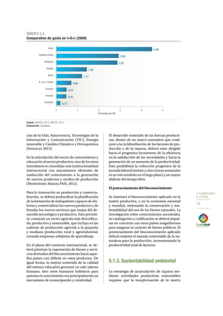 5. PLANIFICAMOS 
EL FUTURO 
39 
0,66 
0,44 
1,39 
Israel 
Estados Unidos 
Alemania 
España 
Brasil 
A. Lat. y Caribe 
Ecuador 
Uruguay 
cias de la Vida, Nanociencia, Tecnologías de la 
Información y Comunicación (TIC), Energía 
renovable y Cambio Climático y Petroquímica 
(Senescyt, 2013). 
En la articulación del sector de conocimiento y 
educación al sector productivo, uno de los retos 
inmediatos es consolidar una institucionalidad 
intersectorial con mecanismos eficientes de 
traducción del conocimiento a la generación 
de nuevos productos y medios de producción 
(Movimiento Alianza PAIS, 2012). 
Para la innovación en producción y comercia-lización, 
se deberá profundizar la planificación 
de la formación de trabajadores capaces de ela-borar 
y comercializar los nuevos productos y de 
brindar los nuevos servicios que surjan del de-sarrollo 
tecnológico y productivo. Esto permiti-rá 
construir un sector agrícola más diversifica-do, 
productivo y sustentable, que incluya en las 
cadenas de producción agrícola a la pequeña 
y mediana producción rural y agroindustrial, 
creando empresas solidarias de aprendizaje. 
En el plano del comercio internacional, se de-berá 
priorizar la exportación de bienes y servi-cios 
derivados del bioconocimiento hacia aque-llos 
países con déficits en estos productos. De 
igual forma, la mejora sostenida de la calidad 
del sistema educativo generará no solo talento 
humano, sino seres humanos holísticos para 
quienes el conocimiento sea principalmente un 
mecanismo de emancipación y creatividad. 
2,89 
El desarrollo sostenido de las fuerzas producti-vas, 
dentro de un marco normativo que coad-yuve 
a la (re)distribución de los factores de pro-ducción 
y de la riqueza, deberá estar dirigido 
hacia el progresivo incremento de la eficiencia 
en la satisfacción de las necesidades y hacia la 
generación de un aumento de la productividad. 
Esto posibilitará la reducción progresiva de la 
jornada laboral (treinta y cinco horas semanales 
es un reto modesto en el largo plazo) y un mayor 
disfrute del tiempo libre. 
El potenciamiento del bioconocimiento 
Se insertará el bioconocimiento aplicado en la 
matriz productiva, y en la economía nacional 
y mundial, mejorando la conservación y sus-tentabilidad 
del uso de los bienes naturales. La 
investigación sobre conocimientos ancestrales, 
su catalogación y codificación se deberá impul-sar 
en concierto con otros países megadiversos 
para asegurar su carácter de bienes públicos. El 
potenciamiento del bioconocimiento aplicado 
deberá mejorar el manejo sustentable de la na-turaleza 
para la producción, incrementando la 
productividad total de factores. 
5.1.3. Sustentabilidad ambiental 
La estrategia de acumulación de riqueza me-diante 
actividades productivas sustentables 
requiere que la transformación de la matriz 
0,15 
0,43 
1,17 
2,82 
4,46 
0 1 2 3 4 5 
Colombia 
Porcentaje del PIB 
GRÁFICO 5.3. 
Comparativo de gasto en I+D+i (2009) 
Fuente: UNESCO, 2012; MCCTH, 2013. 
Elaboración: Senplades. 
 