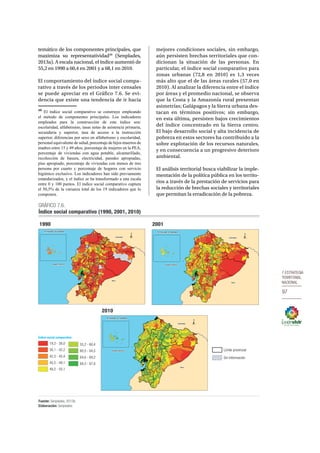 7.Estrategia 
territorial 
nacional 
97 
temático de los componentes principales, que 
maximiza su representatividad48 (Senplades, 
2013a). A escala nacional, el índice aumentó de 
55,2 en 1990 a 60,4 en 2001 y a 68,1 en 2010. 
El comportamiento del índice social compa-rativo 
a través de los periodos inter censales 
se puede apreciar en el Gráfico 7.6. Se evi-dencia 
que existe una tendencia de ir hacia 
48 El índice social comparativo se construye empleando 
el método de componentes principales. Los indicadores 
empleados para la construcción de este índice son: 
escolaridad, alfabetismo, tasas netas de asistencia primaria, 
secundaria y superior, tasa de acceso a la instrucción 
superior, diferencias por sexo en alfabetismo y escolaridad, 
personal equivalente de salud, porcentaje de hijos muertos de 
madres entre 15 y 49 años, porcentaje de mujeres en la PEA, 
porcentaje de viviendas con agua potable, alcantarillado, 
recolección de basura, electricidad, paredes apropiadas, 
piso apropiado, porcentaje de viviendas con menos de tres 
persona por cuarto y porcentaje de hogares con servicio 
higiénico exclusivo. Los indicadores han sido previamente 
estandarizados, y el índice se ha transformado a una escala 
entre 0 y 100 puntos. El índice social comparativo captura 
el 50,5% de la varianza total de los 19 indicadores que lo 
componen. 
mejores condiciones sociales, sin embargo, 
aún persisten brechas territoriales que con-dicionan 
la situación de las personas. En 
particular, el índice social comparativo para 
zonas urbanas (72,8 en 2010) es 1,3 veces 
más alto que el de las áreas rurales (57,0 en 
2010). Al analizar la diferencia entre el índice 
por áreas y el promedio nacional, se observa 
que la Costa y la Amazonía rural presentan 
asimetrías; Galápagos y la Sierra urbana des-tacan 
en términos positivos; sin embargo, 
en esta última, persisten bajos crecimientos 
del índice concentrado en la Sierra centro. 
El bajo desarrollo social y alta incidencia de 
pobreza en estos sectores ha contribuido a la 
sobre explotación de los recursos naturales, 
y en consecuencia a un progresivo deterioro 
ambiental. 
El análisis territorial busca viabilizar la imple-mentación 
de la política pública en los territo-rios 
a través de la prestación de servicios para 
la reducción de brechas sociales y territoriales 
que permitan la erradicación de la pobreza. 
GRÁFICO 7.6. 
Índice social comparativo (1990, 2001, 2010) 
Fuente: Senplades, 2013b. 
Elaboración: Senplades. 
Colombia 
Perú 
Archipiélago de Galápagos 
Océano Pacífico 
Colombia 
Perú 
Archipiélago de Galápagos 
Océano Pacífico 
Colombia 
Perú 
Archipiélago de Galápagos 
Océano Pacífico Límite provincial 
Sin Información 
Índice social comparativo 
19,3 - 38,0 
38,1 - 42,2 
42,3 - 45,4 
45,5 - 49,1 
49,2 - 55,1 
55,2 - 60,4 
60,5 - 64,5 
64,6 - 69,2 
69,3 - 87,8 
2001 
2010 
1990 
 