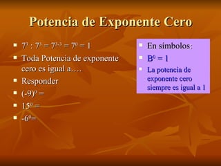 Potencia de Exponente Cero 7 3  : 7 3  = 7 3-3  = 7 0  = 1 Toda Potencia de exponente cero es igual a…. Responder (-9) 0  = 15 0  = -6 0 = En símbolos : B 0  = 1 La potencia de exponente cero siempre es igual a 1 