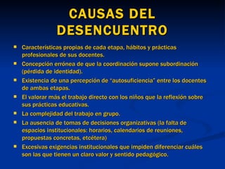 CAUSAS DEL DESENCUENTRO Características propias de cada etapa, hábitos y prácticas profesionales de sus docentes. Concepción errónea de que la coordinación supone subordinación (pérdida de identidad). Existencia de una percepción de “autosuficiencia” entre los docentes de ambas etapas. El valorar más el trabajo directo con los niños que la reflexión sobre sus prácticas educativas. La complejidad del trabajo en grupo. La ausencia de tomas de decisiones organizativas (la falta de espacios institucionales: horarios, calendarios de reuniones, propuestas concretas, etcétera) Excesivas exigencias institucionales que impiden diferenciar cuáles son las que tienen un claro valor y sentido pedagógico. 