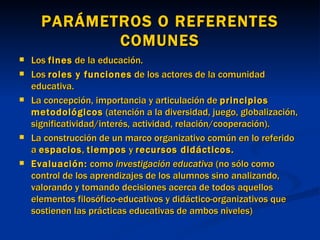 PARÁMETROS O REFERENTES COMUNES Los  fines  de la educación. Los  roles y funciones  de los actores de la comunidad educativa. La concepción, importancia y articulación de  principios metodológicos  (atención a la diversidad, juego, globalización, significatividad/interés, actividad, relación/cooperación). La construcción de un marco organizativo común en lo referido a  espacios ,  tiempos  y  recursos didácticos. Evaluación:  como  investigación educativa  (no sólo como control de los aprendizajes de los alumnos sino analizando, valorando y tomando decisiones acerca de todos aquellos elementos filosófico-educativos y didáctico-organizativos que sostienen las prácticas educativas de ambos niveles) 