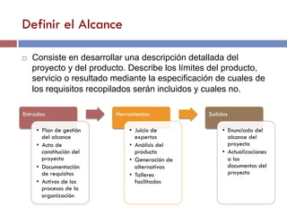 Definir el Alcance
Entradas
• Plan de gestión
del alcance
• Acta de
constitución del
proyecto
• Documentación
de requisitos
• Activos de los
procesos de la
organización
Herramientas
• Juicio de
expertos
• Análisis del
producto
• Generación de
alternativas
• Talleres
facilitados
Salidas
• Enunciado del
alcance del
proyecto
• Actualizaciones
a los
documentos del
proyecto
¨ Consiste en desarrollar una descripción detallada del
proyecto y del producto. Describe los límites del producto,
servicio o resultado mediante la especificación de cuales de
los requisitos recopilados serán incluidos y cuales no.
 