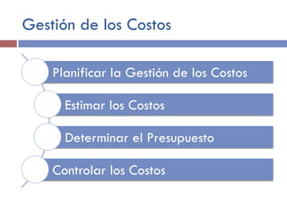 Gestión de los Costos
Planificar la Gestión de los Costos
Estimar los Costos
Determinar el Presupuesto
Controlar los Costos
 