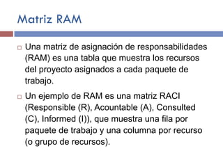 Matriz RAM
¨ Una matriz de asignación de responsabilidades
(RAM) es una tabla que muestra los recursos
del proyecto asignados a cada paquete de
trabajo.
¨ Un ejemplo de RAM es una matriz RACI
(Responsible (R), Acountable (A), Consulted
(C), Informed (I)), que muestra una fila por
paquete de trabajo y una columna por recurso
(o grupo de recursos).
 