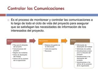 Controlar las Comunicaciones
Entradas
•  Plan para la dirección
del proyecto
•  Comunicaciones del
proyecto
•  Registro de incidentes
•  Datos de desempeño
del trabajo
•  Activos de los procesos
de la organización
Herramientas
•  Sistemas de gestión de
la información
•  Juicio de expertos
•  Reuniones
Salidas
•  Información de
desempeño del trabajo
•  Solicitudes de cambio
•  Actualizaciones al plan
para la dirección del
proyecto
•  Actualizaciones a los
documentos del
proyecto
•  Actualizaciones a los
activos de los procesos
de la organización
¨  Es el proceso de monitorear y controlar las comunicaciones a
lo largo de todo el ciclo de vida del proyecto para asegurar
que se satisfagan las necesidades de información de los
interesados del proyecto.
 