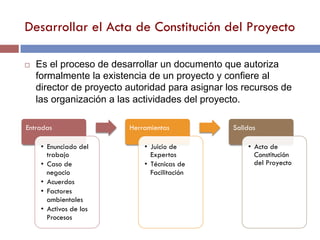 Desarrollar el Acta de Constitución del Proyecto
Entradas
•  Enunciado del
trabajo
•  Caso de
negocio
•  Acuerdos
•  Factores
ambientales
•  Activos de los
Procesos
Herramientas
•  Juicio de
Expertos
•  Técnicas de
Facilitación
Salidas
•  Acta de
Constitución
del Proyecto
¨  Es el proceso de desarrollar un documento que autoriza
formalmente la existencia de un proyecto y confiere al
director de proyecto autoridad para asignar los recursos de
las organización a las actividades del proyecto.
 