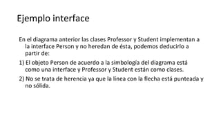 Ejemplo interface
En el diagrama anterior las clases Professor y Student implementan a
la interface Person y no heredan de ésta, podemos deducirlo a
partir de:
1) El objeto Person de acuerdo a la simbología del diagrama está
como una interface y Professor y Student están como clases.
2) No se trata de herencia ya que la línea con la flecha está punteada y
no sólida.
 