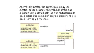 • Además de mostrar las instancias es muy útil
mostrar sus relaciones, el ejemplo muestra dos
instancias de la clase Flight, ya que el diagrama de
clase indica que la relación entre la clase Plane y la
clase Fight es 0 a muchos:
 
