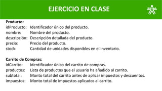 EJERCICIO EN CLASE
Producto:
idProducto: Identificador único del producto.
nombre: Nombre del producto.
descripción: Descripción detallada del producto.
precio: Precio del producto.
stock: Cantidad de unidades disponibles en el inventario.
Carrito de Compras:
idCarrito: Identificador único del carrito de compras.
productos: Lista de productos que el usuario ha añadido al carrito.
subtotal: Monto total del carrito antes de aplicar impuestos y descuentos.
impuestos: Monto total de impuestos aplicados al carrito.
 