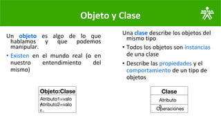 Objeto y Clase
Un objeto es algo de lo que
hablamos y que podemos
manipular.
• Existen en el mundo real (o en
nuestro entendimiento del
mismo)
Una clase describe los objetos del
mismo tipo
• Todos los objetos son instancias
de una clase
• Describe las propiedades y el
comportamiento de un tipo de
objetos
Clase
Atributo
s
Operaciones
Objeto:Clase
Atributo1=valo
r
Atributo2=valo
r
...
 