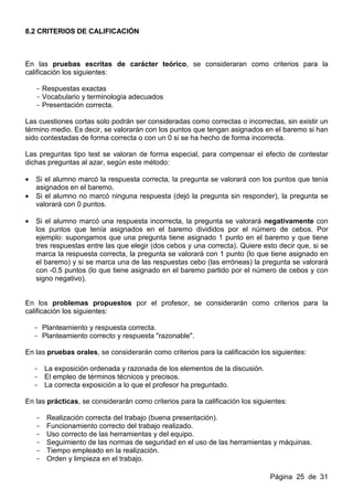 8.2 CRITERIOS DE CALIFICACIÓN



En las pruebas escritas de carácter teórico, se consideraran como criterios para la
calificación los siguientes:

    - Respuestas exactas
    - Vocabulario y terminología adecuados
    - Presentación correcta.

Las cuestiones cortas solo podrán ser consideradas como correctas o incorrectas, sin existir un
término medio. Es decir, se valorarán con los puntos que tengan asignados en el baremo si han
sido contestadas de forma correcta o con un 0 si se ha hecho de forma incorrecta.

Las preguntas tipo test se valoran de forma especial, para compensar el efecto de contestar
dichas preguntas al azar, según este método:

•   Si el alumno marcó la respuesta correcta, la pregunta se valorará con los puntos que tenía
    asignados en el baremo.
•   Si el alumno no marcó ninguna respuesta (dejó la pregunta sin responder), la pregunta se
    valorará con 0 puntos.

•   Si el alumno marcó una respuesta incorrecta, la pregunta se valorará negativamente con
    los puntos que tenía asignados en el baremo divididos por el número de cebos. Por
    ejemplo: supongamos que una pregunta tiene asignado 1 punto en el baremo y que tiene
    tres respuestas entre las que elegir (dos cebos y una correcta). Quiere esto decir que, si se
    marca la respuesta correcta, la pregunta se valorará con 1 punto (lo que tiene asignado en
    el baremo) y si se marca una de las respuestas cebo (las erróneas) la pregunta se valorará
    con -0.5 puntos (lo que tiene asignado en el baremo partido por el número de cebos y con
    signo negativo).


En los problemas propuestos por el profesor, se considerarán como criterios para la
calificación los siguientes:

    - Planteamiento y respuesta correcta.
    - Planteamiento correcto y respuesta "razonable".

En las pruebas orales, se considerarán como criterios para la calificación los siguientes:

    - La exposición ordenada y razonada de los elementos de la discusión.
    - El empleo de términos técnicos y precisos.
    - La correcta exposición a lo que el profesor ha preguntado.

En las prácticas, se considerarán como criterios para la calificación los siguientes:

    -   Realización correcta del trabajo (buena presentación).
    -   Funcionamiento correcto del trabajo realizado.
    -   Uso correcto de las herramientas y del equipo.
    -   Seguimiento de las normas de seguridad en el uso de las herramientas y máquinas.
    -   Tiempo empleado en la realización.
    -   Orden y limpieza en el trabajo.

                                                                               Página 25 de 31
 