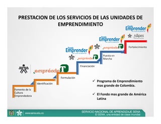PRESTACION DE LOS SERVICIOS DE LAS UNIDADES DE 
                  EMPRENDIMIENTO


                                                                               Fortalecimiento


                                                                Puesta en 
                                                                Marcha

                                                Financiación



                                  Formulación
                                                           Programa de Emprendimiento 
                 Identificación
                                                            mas grande de Colombia.
Fomento de la 
Cultura 
Emprendedora                                               El Fondo mas grande de América 
                                                            Latina
 