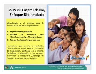 2. Perfil Emprendedor, 
  Enfoque Diferenciado

Metodología y el proceso para            la
identificación del perfil emprendedor:

A. El perfil del Emprendedor
B. Modelo         de    entrevista    para
   identificación del perfil emprendedor
C. Test de Cualidades Emprendedoras:

Herramienta que permite la validación,
Capacidad para asumir riesgos , Capacidad
de negociación, Confianza en sí mismo,
Flexibilidad y adaptación a los cambios,
Innovación y creatividad ,Liderazgo de
Equipos , Tenacidad para el Trabajo.
 