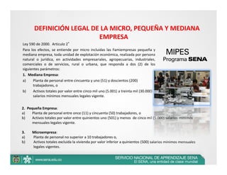 DEFINICIÓN LEGAL DE LA MICRO, PEQUEÑA Y MEDIANA 
                          EMPRESA
Ley 590 de 2000.  Articulo 2°
Para los efectos, se entiende por micro incluidas las Famiempresas pequeña y
mediana empresa, toda unidad de explotación económica, realizada por persona
natural o jurídica, en actividades empresariales, agropecuarias, industriales,
comerciales o de servicios, rural o urbana, que responda a dos (2) de los
siguientes parámetros:
1. Mediana Empresa:
a)    Planta de personal entre cincuenta y uno (51) y doscientos (200) 
      trabajadores, o
b)    Activos totales por valor entre cinco mil uno (5.001) a treinta mil (30.000) 
      salarios mínimos mensuales legales vigente.


2. Pequeña Empresa:
a)    Planta de personal entre once (11) y cincuenta (50) trabajadores, o
b)    Activos totales por valor entre quinientos uno (501) y menos  de cinco mil (5.000) salarios mínimos 
      mensuales legales vigente.

3.    Microempresa:
a)    Planta de personal no superior a 10 trabajadores o,
b)    Activos totales excluida la vivienda por valor inferior a quinientos (500) salarios mínimos mensuales 
      legales vigentes. 

                                                                                                               36
 