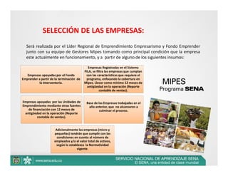 SELECCIÓN DE LAS EMPRESAS: 
   Será realizada por el Líder Regional de Emprendimiento Empresarismo y Fondo Emprender
   junto con su equipo de Gestores Mipes tomando como principal condición que la empresa
   este actualmente en funcionamiento, y a partir de alguno de los siguientes insumos:

                                            Empresas Registradas en el Sistema 
                                          PILA, se filtra las empresas que cumplan 
   Empresas apoyadas por el Fondo          con las características que requiere el 
Emprender a partir de la terminación  de   programa, enfocando la cobertura en 
          la Interventoría.               Mipes. Llevar como mínimo 12 meses de 
                                            antigüedad en la operación (Reporte 
                                                     contable de ventas). 


Empresas apoyadas  por las Unidades de       Base de las Empresas trabajadas en el 
Emprendimiento mediante otras fuentes         año anterior, que  no alcanzaron a 
   de financiación con 12 meses de                    culminar el proceso.
 antigüedad en la operación (Reporte 
         contable de ventas). 


                       Adicionalmente las empresas (micro y 
                      pequeñas) tendrán que cumplir con las 
                        condiciones en cuanto al número de 
                      empleados y/o el valor total de activos, 
                        según lo establezca  la Normatividad 
                                      vigente.
 