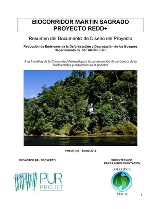1
BIOCORRIDOR MARTIN SAGRADO
PROYECTO REDD+
Resumen del Documento de Diseño del Proyecto
Reducción de Emisiones de la Deforestación y Degradación de los Bosques
Departamento de San Martín, Perú
A la Iniciativa de la Comunidad Forestal para la conservación de carbono y de la
biodiversidad y reducción de la pobreza
Versión 3.0 – Enero 2012
PROMOTOR DEL PROYECTO SOCIO TÉCNICO
PARA LA IMPLEMENTACIÓN
AMAZONIA
VERDE
 
