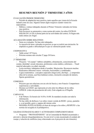 RESUMEN REUNIÓN 2º TRIMESTRE 3 AÑOS

EVALUACIÓN PRIMER TRIMESTRE
   - Periodo de adaptación muy positiva, tanto aquellos que vienen de la Escuela
  Infantil como de casa. Algunos tienen algún resquicio cuando vienen los
  especialistas.
  - Hábitos y rutinas trabajados durante el Primer Trimestre valorados de forma
      muy positiva.
  - Para favorecer su autonomía y como norma del centro, los niños ENTRAN
      SOLOS EN LA FILA (forma parte de las actividades del centro). Si llegan más
      tarde entran con Ángel.

ACLARACIÓN SOBRE BOLETINES
   - Ítems no evaluados: No han sido trabajados.
  - La mayoría de ítems valorados en proceso ya que se realizó una iniciación. Se
     ampliará su grado o dificultad por lo que su valoración puede variar.

COOPERATIVA
    - Saldo actual 187 Euros.
    - Próxima semana sale circular 2º pago 30 Euros.
    -
2º TRIMESTRE
    - Proyecto: “ El cuerpo”: hábitos saludables, alimentación, conocimiento del
    cuerpo, identidad sexual, descanso, profesiones como médico, enfermero… Traed
    material adecuado a su edad, marcado.
    - Lecto-escritura: trabajamos desde el nombre. Mayúsculas. Reconocen muchas.
       Realizamos diferentes trazos: verticales, horizontales y combinados.
    - Logico-matemática : conceptos espaciales (largo/corto, alto/bajo…), temporales
       (días de la semana, ayer/hoy/mañana) conteo, iniciación concepto de número,
       figuras geométricas.

COMENIUS
  - Proyecto que nos relaciona con un cole de Suecia y otro Francés: Compartimos
    experiencias y actividades.
  - Hicimos un LOGO que representa al cole entre los dibujos de los niños.
  - LIPDUB (vídeo de presentación del cole). Está colgado en el Pitigallo

CARNAVAL
  - 8 de Febrero. En horario de 14:30 a 16:00. Se mandará circular con toda la
    información.
  - No hay taller de disfraces: Los niños vienen vestido de ROJO : jersey, pantalón
    y, a ser posible, gorro y zapatos del mismo color
  - MÁXIMA PUNTUALIDAD a la hora de recoger a los niños y RESPETO a las
    normas de recogida en el polideportivo.

SALIDAS EXTRAESCOLARES Y ACTIVIDADES COMPLEMENTARIAS
    - Programa “ PROTEGIÉNDOTE” de la Comunidad de Madrid encaminado a
prevenir y detectar drogodependencias. En este nivel va más encaminado al cuidado del
cuerpo y solución de conflictos (muy relacionado con el proyecto de este trimestre).
 