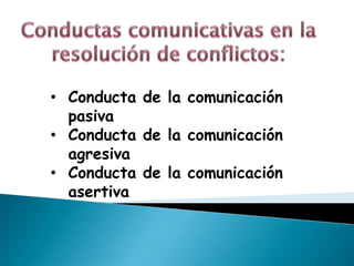 • Conducta de la comunicación
  pasiva
• Conducta de la comunicación
  agresiva
• Conducta de la comunicación
  asertiva
 