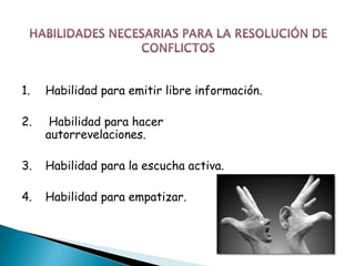1.   Habilidad para emitir libre información.

2.    Habilidad para hacer
     autorrevelaciones.

3.   Habilidad para la escucha activa.

4.   Habilidad para empatizar.
 
