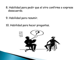 8. Habilidad para pedir que el otro confirme o exprese
  desacuerdo.

9. Habilidad para resumir.

10. Habilidad para hacer preguntas.
 