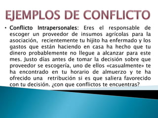 • Conflicto Intrapersonales: Eres el responsable de
  escoger un proveedor de insumos agrícolas para la
  asociación, recientemente tu hijito ha enfermado y los
  gastos que están haciendo en casa ha hecho que tu
  dinero probablemente no llegue a alcanzar para este
  mes. Justo días antes de tomar la decisión sobre que
  proveedor se escogería, uno de ellos «casualmente» te
  ha encontrado en tu horario de almuerzo y te ha
  ofrecido una retribución si es que saliera favorecido
  con tu decisión. ¿con que conflictos te encuentras?
 