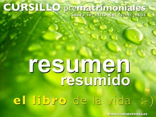 CURSILLO prematrimoniales
           Sa nta Te resit a del Niño Je sús




       resumen
                 resumido
   el libro de la vida :-)
                                www.santateresita.es
 