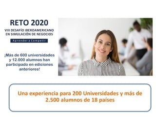 Una experiencia para 200 Universidades y más de
2.500 alumnos de 18 países
¡Más de 600 universidades
y 12.000 alumnos han
participado en ediciones
anteriores!
 