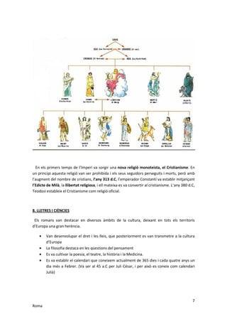 En els primers temps de l’Imperi va sorgir una nova religió monoteista, el Cristianisme. En
un principi aquesta religió van ser prohibida i els seus seguidors perseguits i morts, però amb
l’augment del nombre de cristians, l’any 313 d.C, l’emperador Constantí va establir mitjançant
l’Edicte de Milà, la llibertat religiosa, i ell mateixa es va convertir al cristianisme. L’any 380 d.C,
Teodosi estableix el Cristianisme com religió oficial.



8. LLETRES I CIÈNCIES

 Els romans van destacar en diversos àmbits de la cultura, deixant en tots els territoris
d’Europa una gran herència.

    •   Van desenvolupar el dret i les lleis, que posteriorment es van transmetre a la cultura
        d’Europa
    •   La filosofia destaca en les qüestions del pensament
    •   Es va cultivar la poesia, el teatre, la història i la Medicina.
    •   Es va establir el calendari que coneixem actualment de 365 dies i cada quatre anys un
        dia més a Febrer. (Va ser al 45 a.C per Juli César, i per això es coneix com calendari
        Julià)




                                                                                                     7
Roma
 