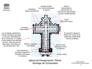 Claseshistoria Historia del Arte © 2006 Guillermo Méndez Zapata Iglesia de Peregrinación. Planta Santiago de Compostela Torres flanquean Entrada (imitando los Westwerk carolingios) (4 módulos) Módulo: cuadrado nave lateral Nave Central Más alta y ancha (2 módulos) Transepto Desarrollado Absidiolos (Misas simultáneas) Girola o Deambulatorio (semicircular con siete tramos trapezoidales y cuatro cuadrangulares) Pórtico interior Cripta (Bajo altar mayor) Capillas radiales con central rectangular al exterior Los complejos catedralicios incluían el palacio episcopal, un claustro, dependencias de los canónigos, un hospital y otros edificios para distintos servicios. Pero muchos de ellos fueron eliminados en las reformas del s. XIX En proyecto original se diseñó con nueve torres siguiendo modelo ideal del arte carolingio 