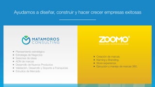 Ayudamos a diseñar, construir y hacer crecer empresas exitosas
________________
• Planeamiento estratégico
• Estrategia de Negocios
• Sesiones de ideas
• ADN de marcas
• Desarrollo de Nuevos Productos
• Validación, Desarrollo y Soporte a Franquicias
• Estudios de Mercado
• Creación de marcas.
• Naming y Branding.
• Store experience.
• Ejecución y manejo de marcas 360.
 