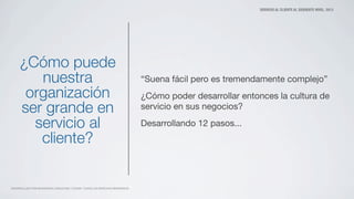 SERVICIO AL CLIENTE AL SIGUIENTE NIVEL. 2013
DESARROLLADO POR MATAMOROS CONSULTING Y ZOOMO. TODOS LOS DERECHOS RESERVADOS
¿Cómo puede
nuestra
organización
ser grande en
servicio al
cliente?
“Suena fácil pero es tremendamente complejo”
¿Cómo poder desarrollar entonces la cultura de
servicio en sus negocios?
Desarrollando 12 pasos...
 