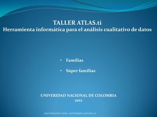 TALLER ATLAS.ti
Herramienta informática para el análisis cualitativo de datos




                              •     Familias

                              •     Súper familias




               UNIVERIDAD NACIONAL DE COLOMBIA
                             2012


                 Juan Sebastián Avila / jsavilas@bt.unal.edu.co
 
