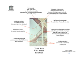 Concepto de
                                   “arte total” todos                   Estudiada organización
Claseshistoria                 los elementos diseñados                 de los espacios como un
                      (escaleras de madera, mosaico del suelo,     todo armónico y complementando
                                    barandilla, etc.)            su funcionalidad con su valor estético




                                                                             Decoración inspirada en
            Juego armonioso
                                                                         la naturaleza ( hojas, flores, etc.)
            de la luz y el color
       (verdes, marrones, dorados)



          Predominio de las                                            Columnas muy estilizadas soportan
      formas curvas, ondulantes                                        estructura, permitiendo una mayor
                                                                           libertad en la organización
                                                                        de los espacios y dotándolos de
                                                                                  mayor ligereza

         Ordenación en torno a
    una escalera con las habitaciones
             a un solo lado.                                                         Empleo del hierro
                                                                                  con función sustentante
                                                                                        y decorativa


                                               Victor Horta
                                               Casa Tassel                                            Historia del Arte
                                                                                              © 2006 Guillermo Méndez Zapata
                                                Escaleras
 